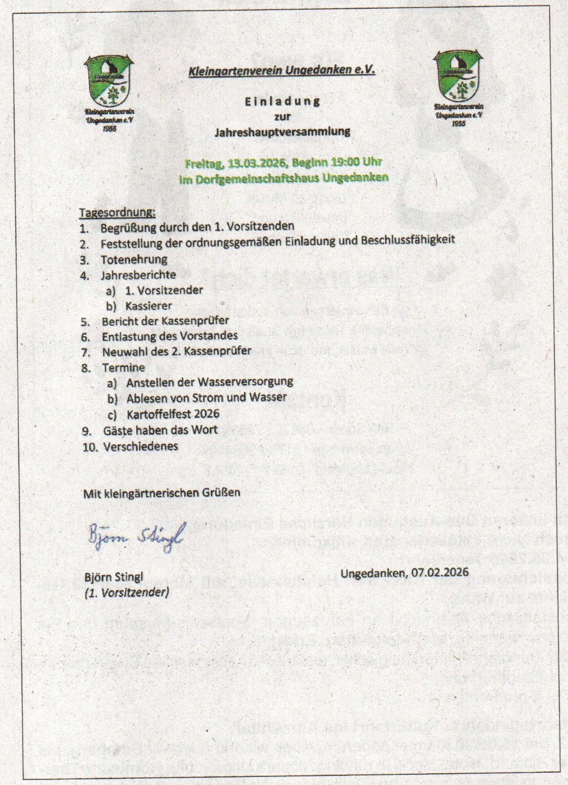 Jahreshauptversammlung Kleingartenverein 13.03.2026